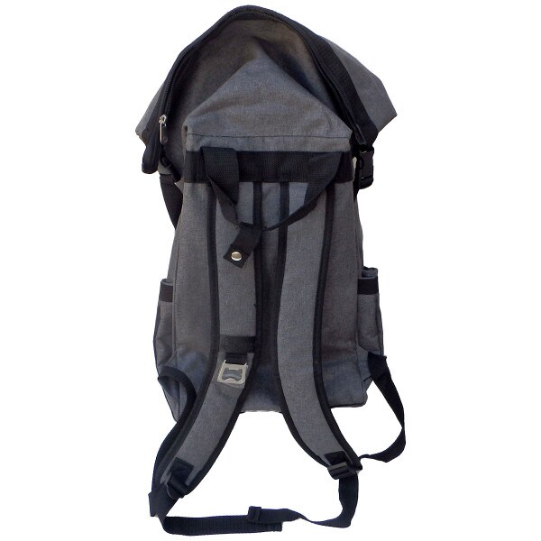 back of gray roll-top backpack cooler showing straps and attached bottle opener